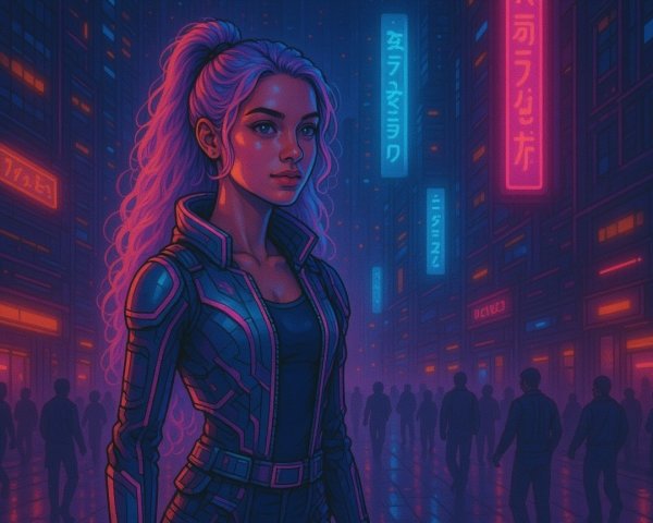 Futuristic cityscape with neon lights and a heroine