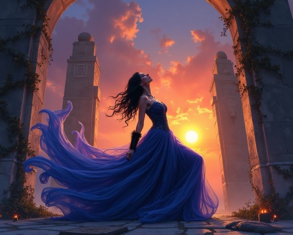 Silhouette of a figure in a blue gown at sunset