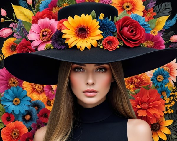 Elegant woman in black hat amidst vibrant flowers