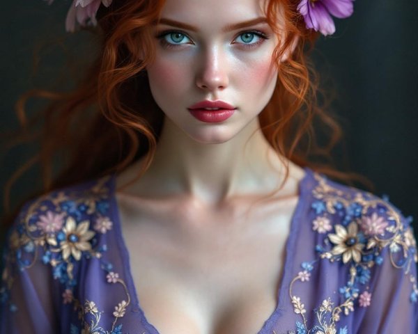 Young woman with red hair and floral crown portrait