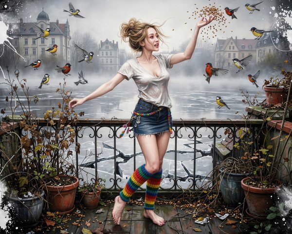 Woman on Balcony Overlooking Frozen Lake with Birds