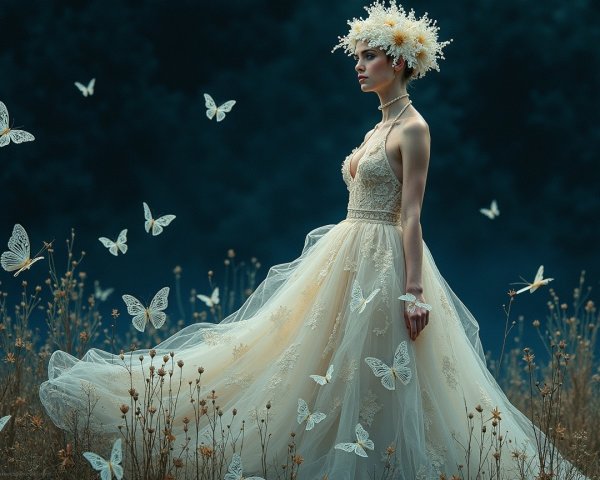 Woman in flowing gown among grasses and butterflies