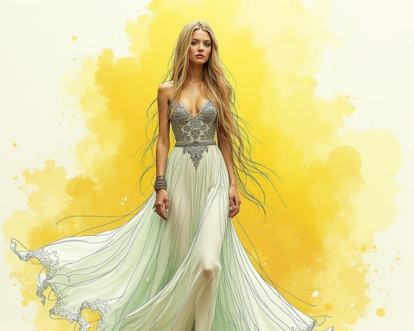 Elegant figure in flowing gown with vibrant backdrop