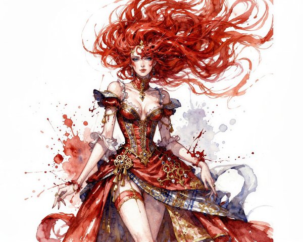 Digital Watercolor Painting of Anime Woman in Corset Dress