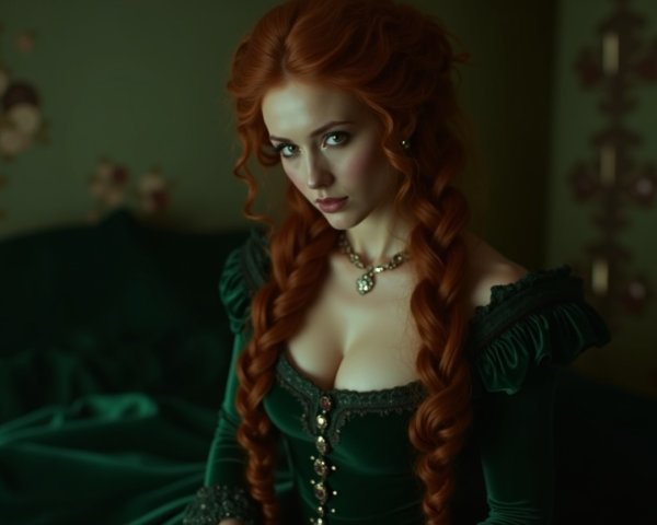 Woman in green gown with red hair in braids