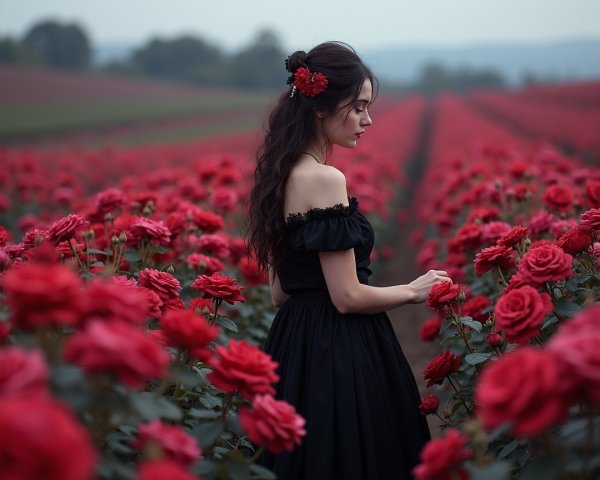 Young Woman in Black Dress Among Red Roses