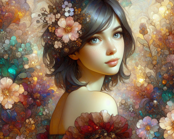 Dreamy Portrait of Woman with Floral Hair Accents