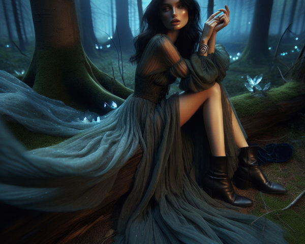 Mystical Forest Scene with a Woman in Green Gown