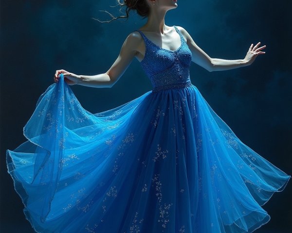 Elegant figure in blue gown twirling gracefully