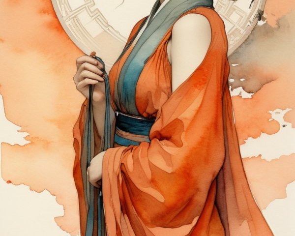 Elegant Woman in Orange Kimono Against Warm Hues