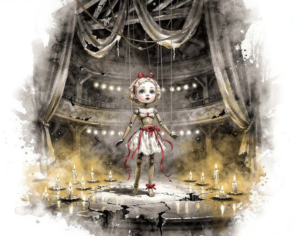 Watercolor of a sad marionette in a theater setting