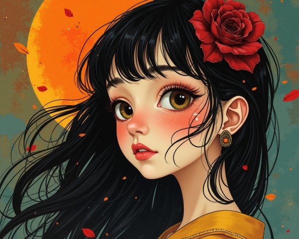 Young girl with large eyes and flowing black hair