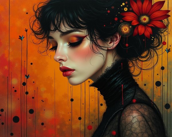 Profile of a Woman with Red Flowers and Warm Tones