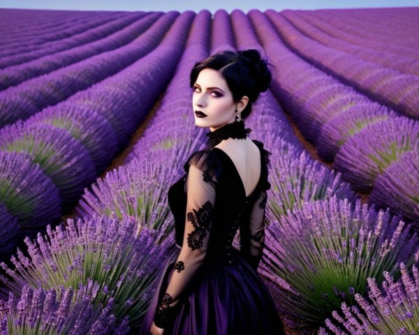 Woman in Black Gown in Lavender Fields at Sunset