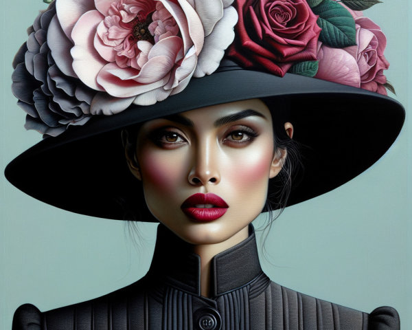 Portrait of a Woman in Elegant Hat with Flowers
