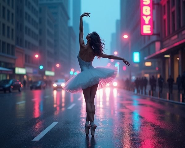 Ballet Dancer in Tutu on Rainy Urban Street