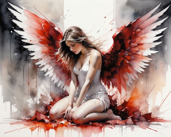 Emotional Watercolor of Woman with Wings and Feathers