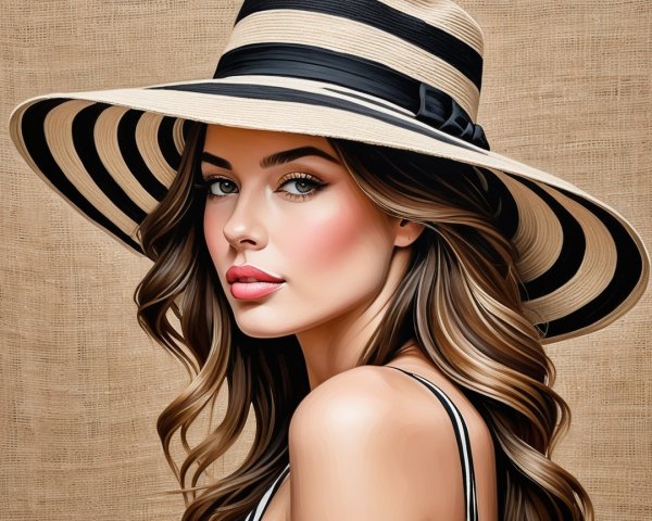 Stylish Young Woman in Striped Hat and Vibrant Makeup