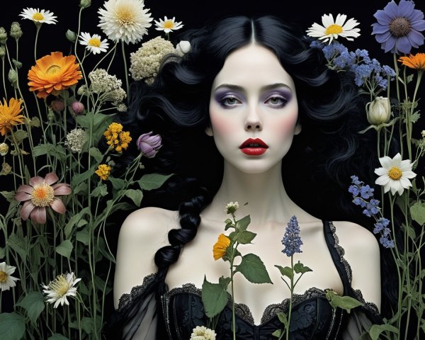 Portrait of a woman with black hair and colorful flowers