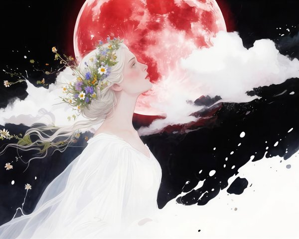 Digital painting of a woman with white hair and moon