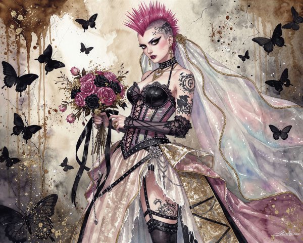 Dark Punk Bride Illustration with Pink Mohawk and Veil