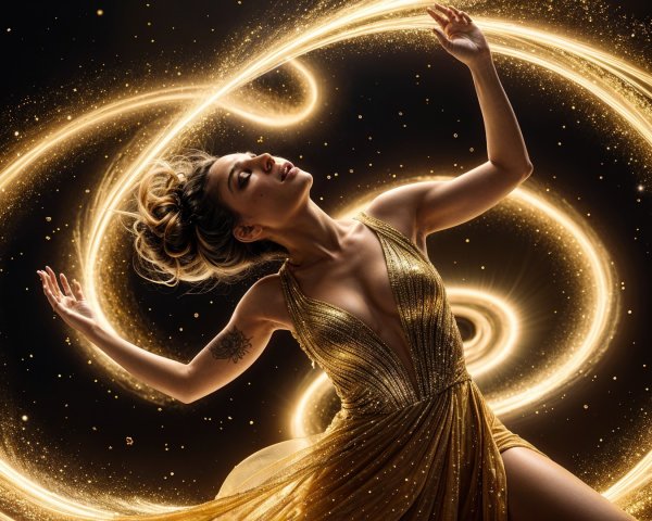 Graceful figure in gold dress with swirling lights