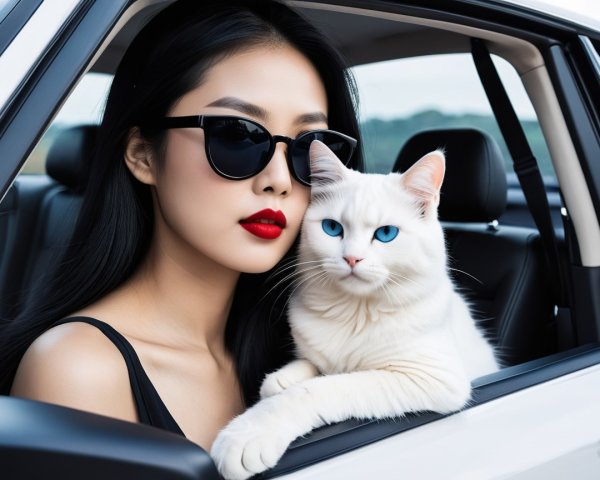 Classy Asian woman with cat in car passenger seat