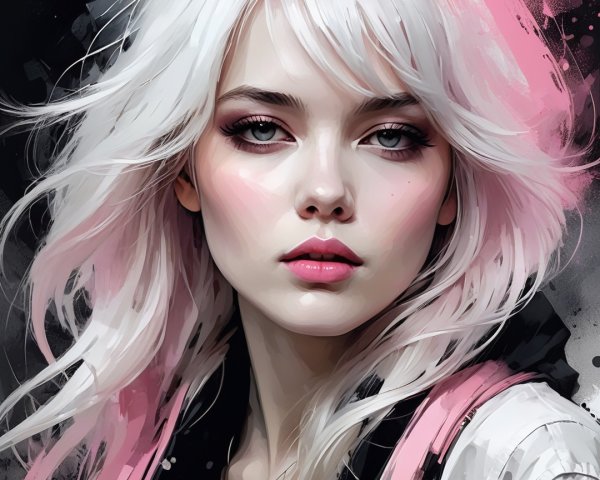 Young woman with long white-pink hair and glowing skin