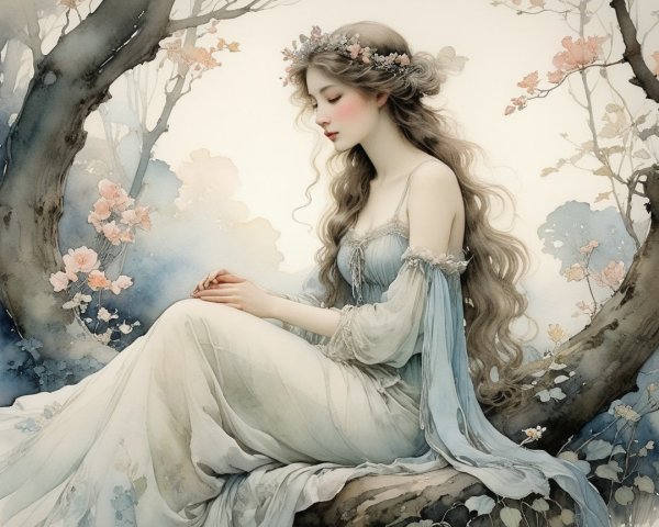 Ethereal figure in a pale gown on a tree branch