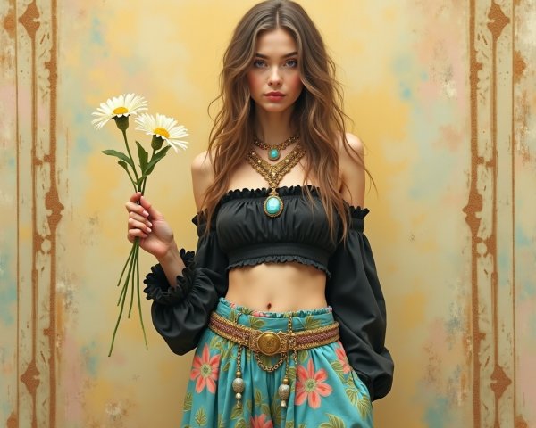 Young woman in bohemian attire holding daisies