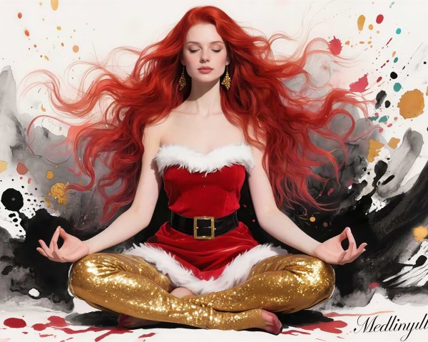 Red-haired woman in Santa-themed outfit meditating