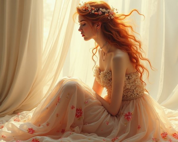 Young Woman in Floral Gown with Ethereal Lighting