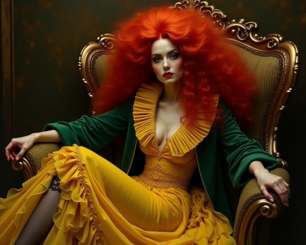 Elegant figure in vibrant yellow dress and green shawl