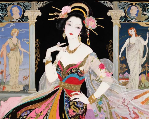 Art Nouveau Illustration of Asian Woman in Gown