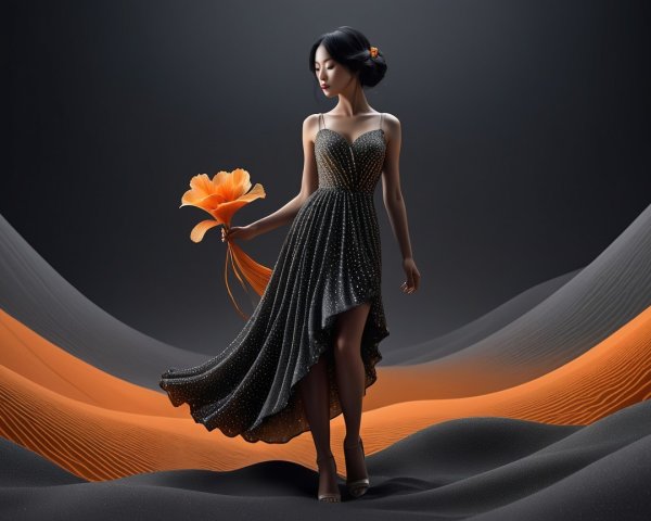 Elegant Figure in Black Dress with Orange Flower