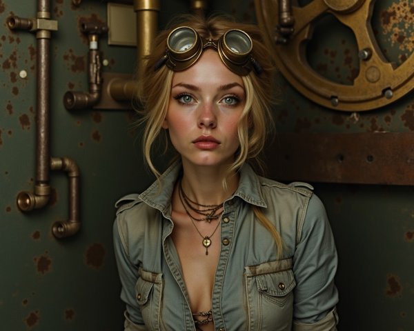 Young Woman in Steampunk Style in Industrial Setting
