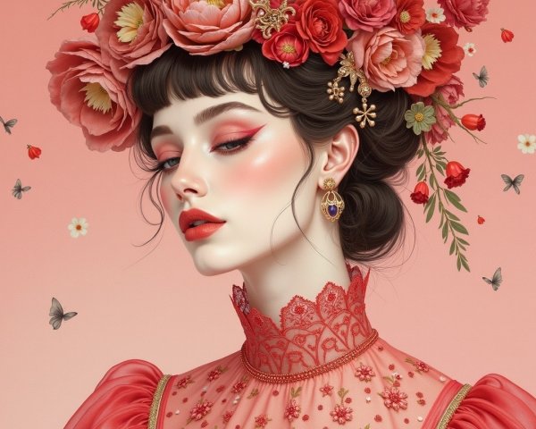 Woman with Floral Headpiece and Elegant Attire