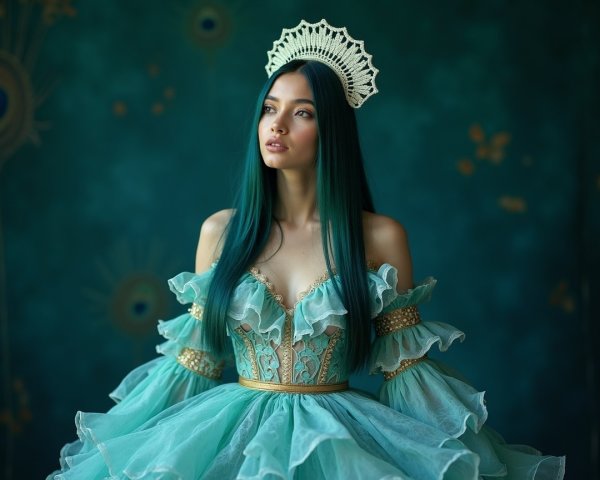 Young woman in pastel teal gown with golden accents