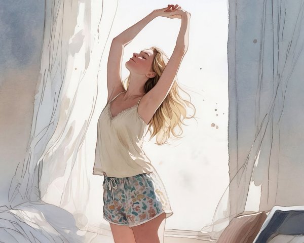 Watercolor Illustration of a Woman Stretching by Window