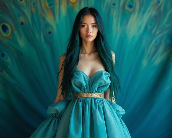 Young Woman in Teal Dress Against Vibrant Backdrop