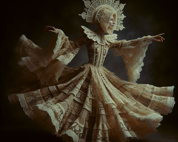 Elegant Lace Dress with Dramatic Layers and Headpiece
