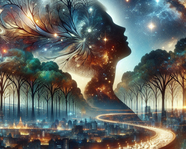 Surreal Silhouette of Woman with Nature and City Elements
