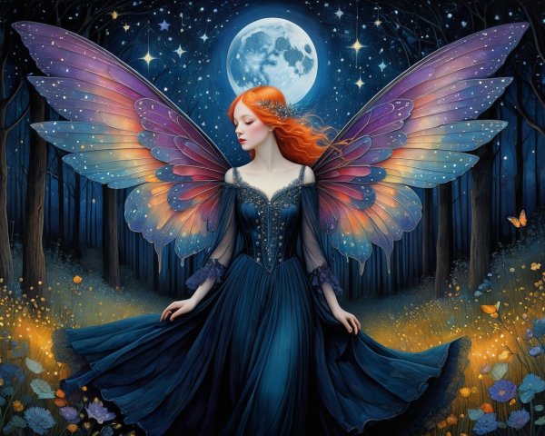 Mystical fairy in moonlit forest with vibrant wings
