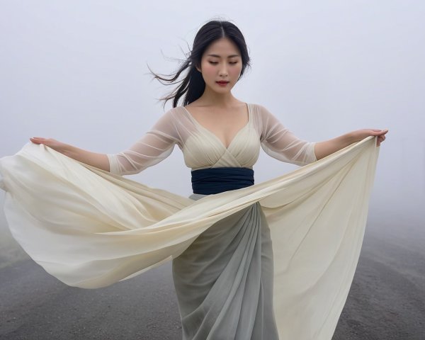 Woman in Elegant Gown on Foggy Road
