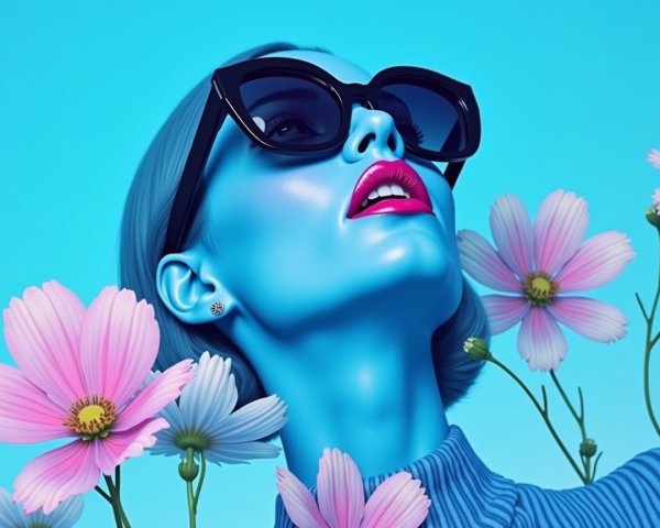Portrait of a Confident Woman with Blue Hue and Flowers