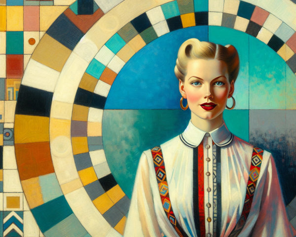 Stylized Vintage Portrait of a Woman with Geometric Background