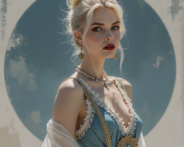 Elegant young woman in embroidered gown against blue backdrop