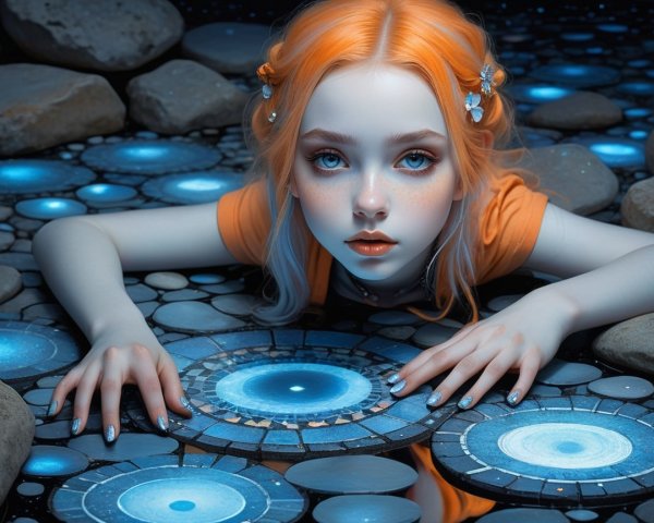 Beautiful girl with orange hair in glowing blue water