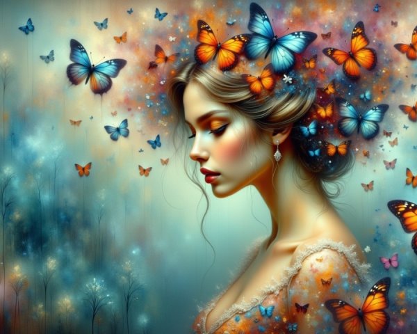 Profile of a Serene Woman with Colorful Butterflies
