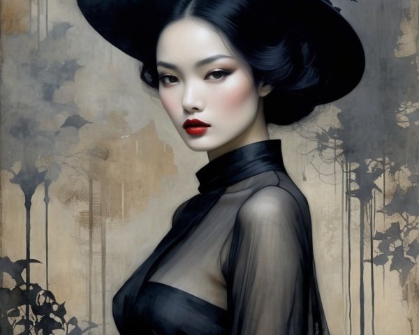 Elegant Woman in Black Hat and Floral Dress Portrait